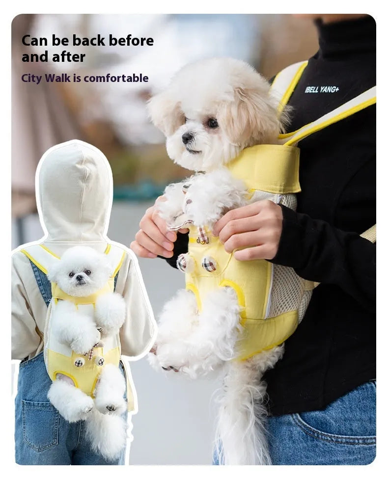 Cartoon animal pattern pet carrier bag in canvas with pearl cotton lining, showing Beka yellow bear design