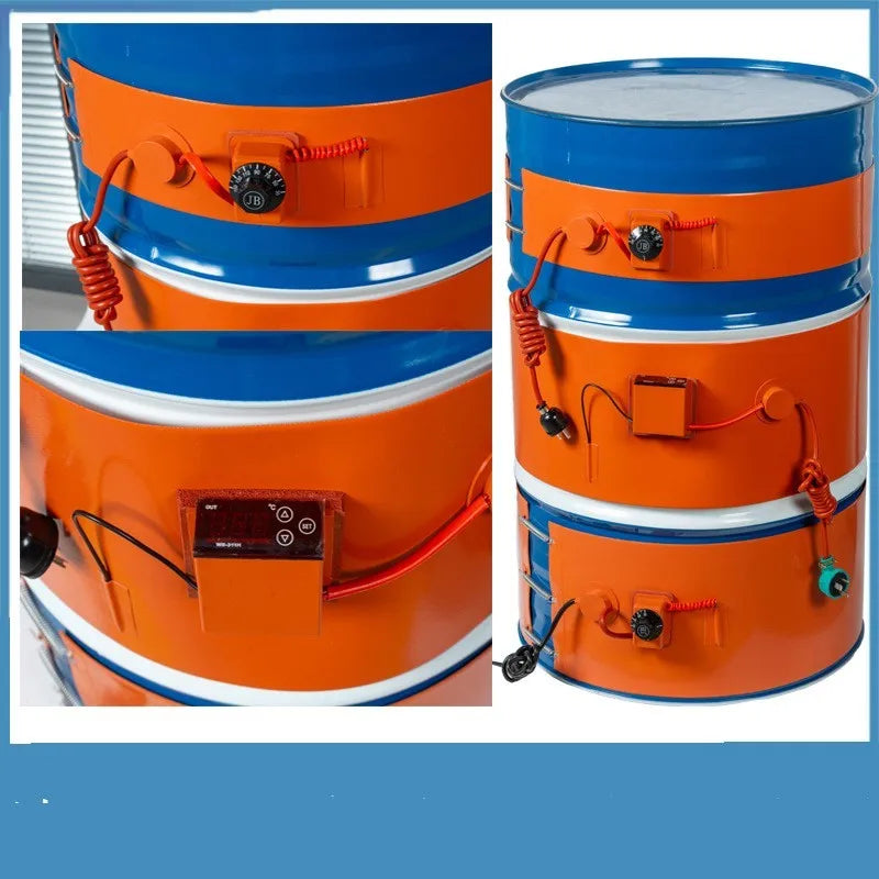 Silicone rubber heating belt wrapped around a 200-litre oil drum with digital display control unit.