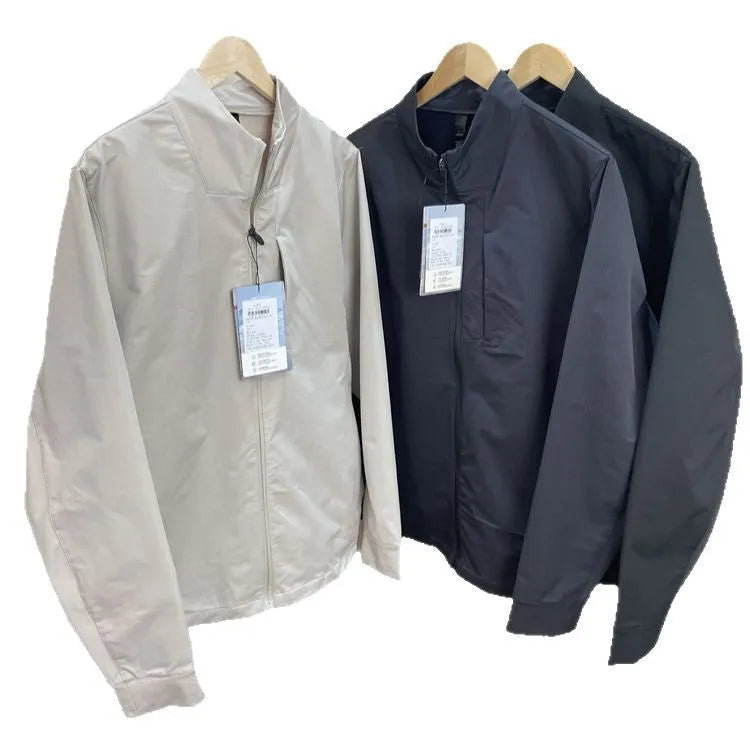 Men's stand collar casual jacket in polyester, shown in black, dark blue, and beige.