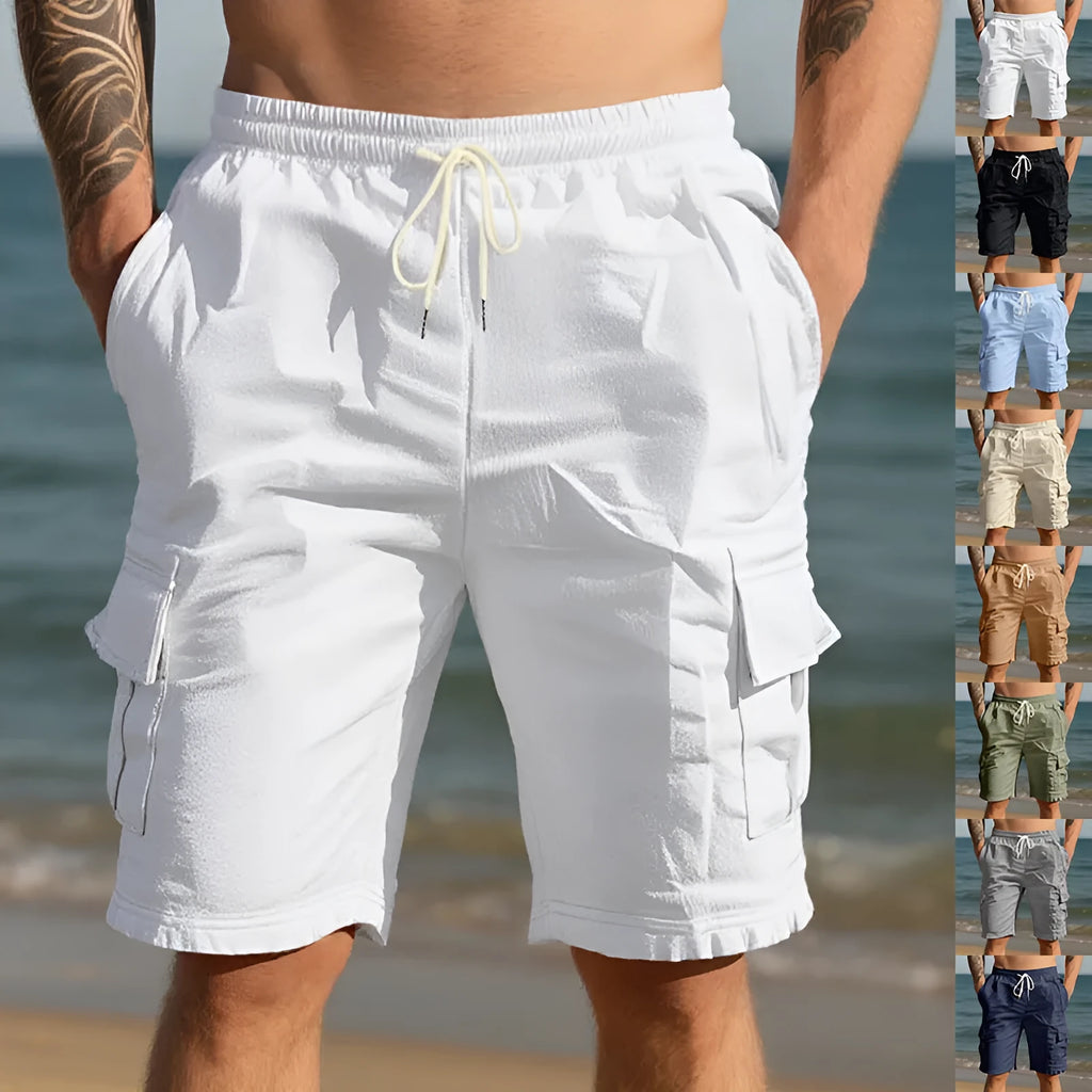 Men's cotton linen casual shorts with multiple pockets in loose fit straight leg design