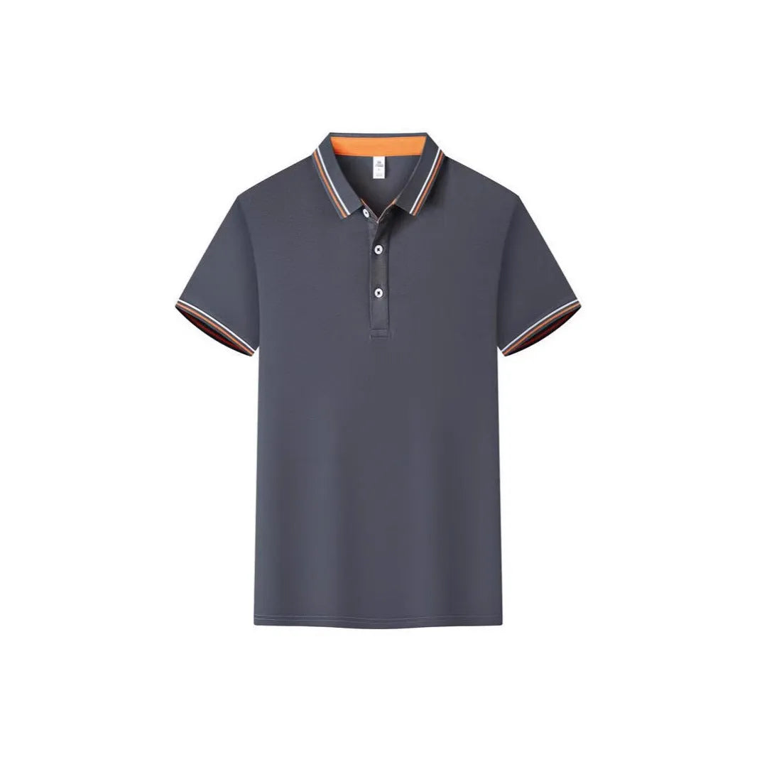 Men's slim fit cotton blend polo shirt with collar and short sleeves on a hanger.