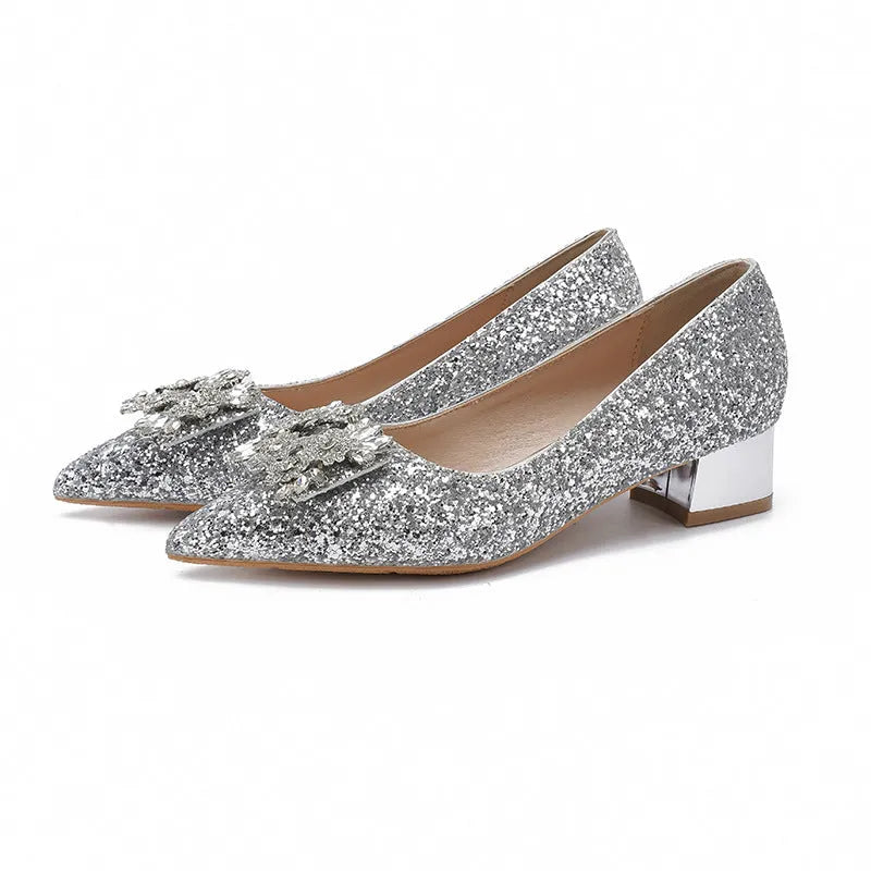 Silver French style mid heel pumps with square buckle, available in large sizes