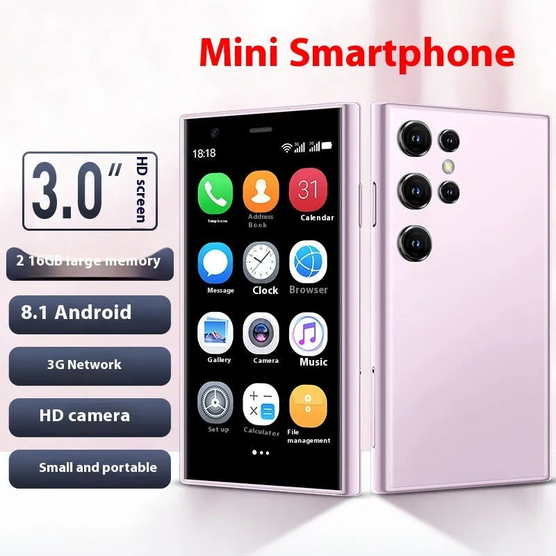 Mini smartphone with 30-inch screen in black, green, or pink purple colours showing Android interface