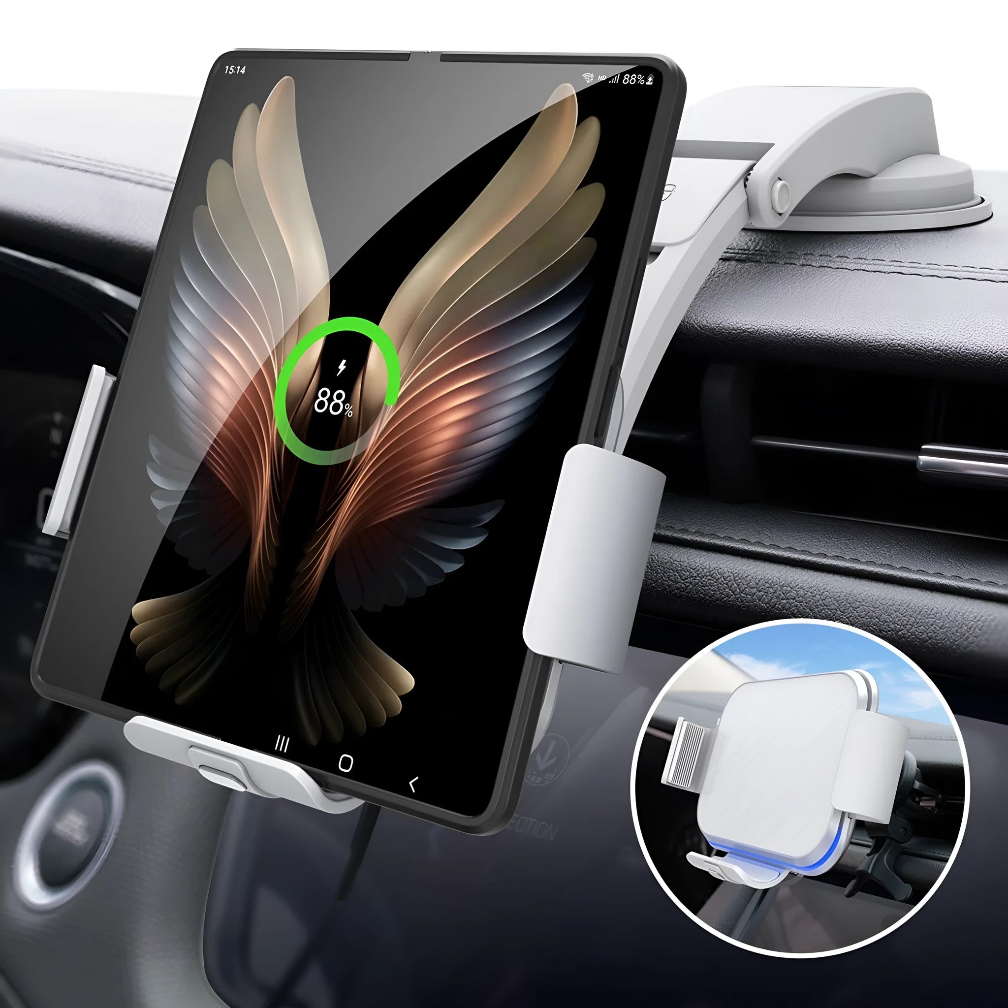 Grey wireless charging car phone holder with folding screen, showing air vent clip, suction cup, and disc mounts.