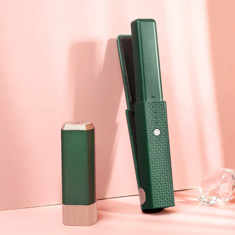 Pink and green cordless USB hair straightener and curling iron with ceramic plates.