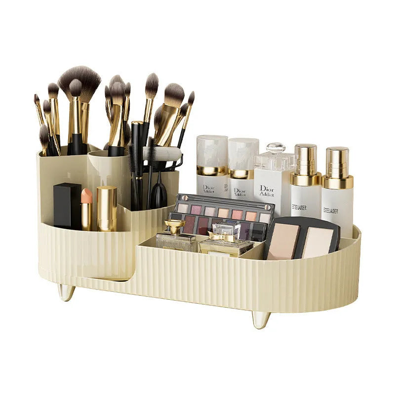 Rotating cosmetics storage box with makeup brushes and lipsticks organised on dressing table