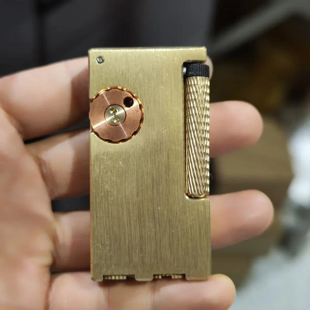 Brass metal arm lifting side sliding manual lighter with red copper flint warehouse in copper colour