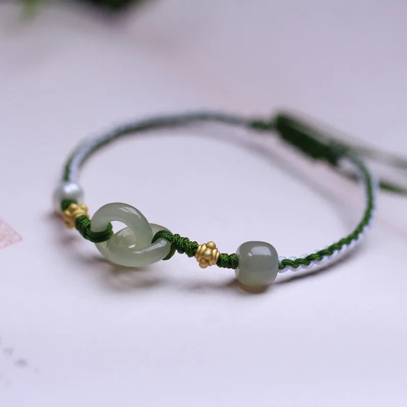DIY woven bracelet kit showing Hetian jade beads, flexible wire, and silver or gold plated clasps for jewellery making