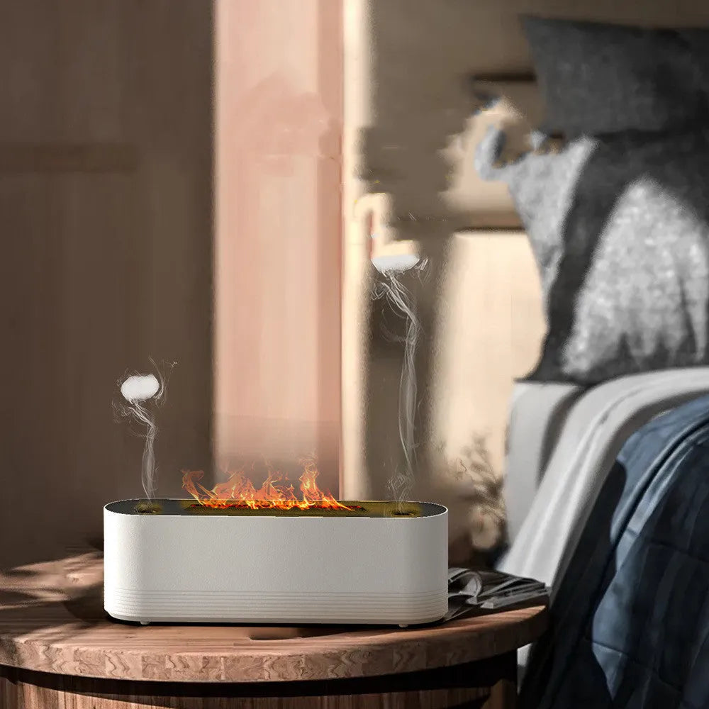 Black ultrasonic humidifier diffuser with 7-colour LED flame lighting effect and water mist emission