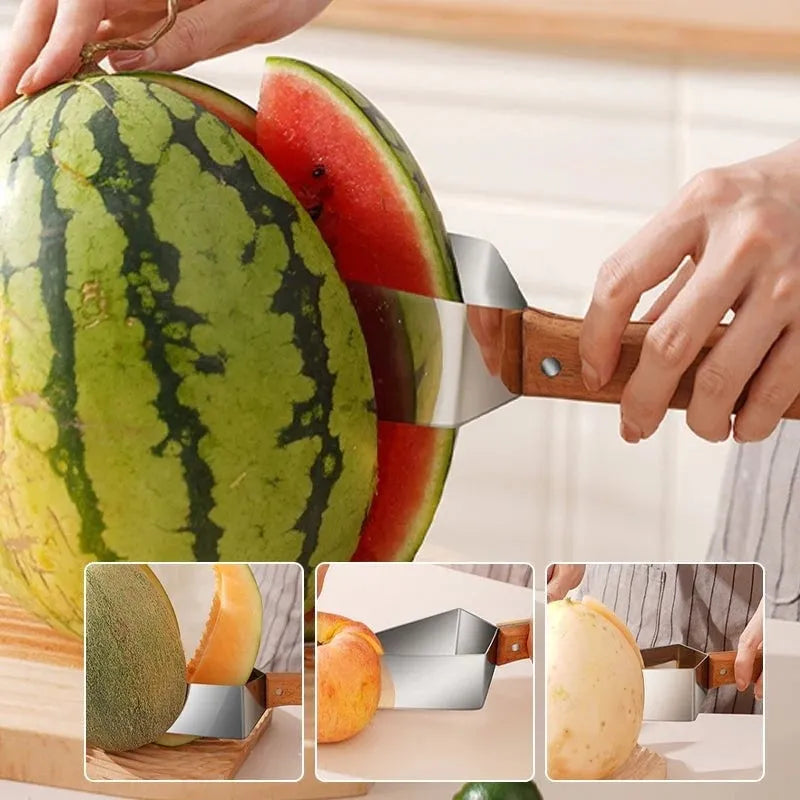 Stainless steel triangle fruit cutter knife with a removable protective cover for slicing melon and watermelon.