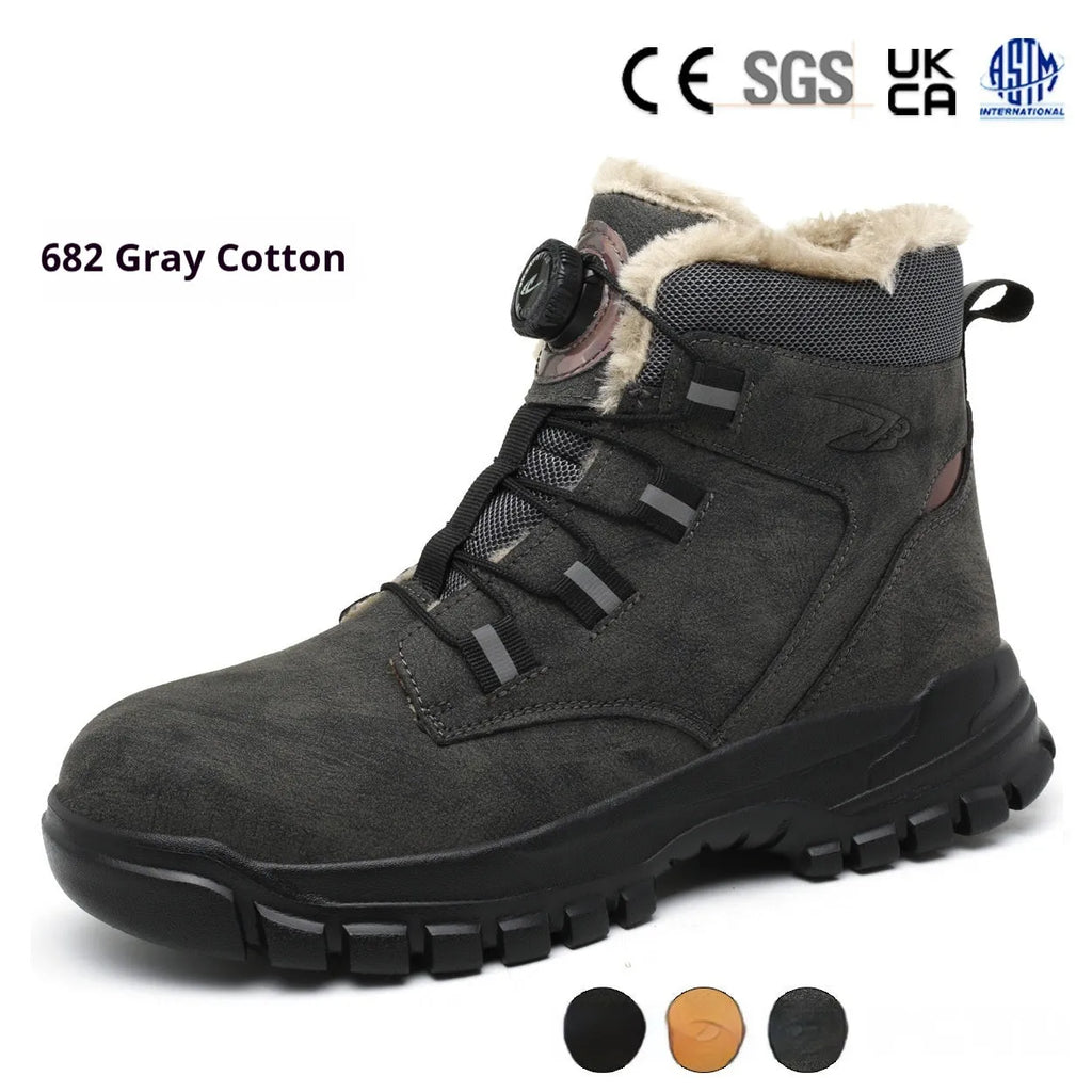 Men's black leather safety work shoes with a steel toe cap and rubber sole on a grey background.