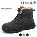 Men's black leather safety work shoes with a steel toe cap and rubber sole on a grey background.