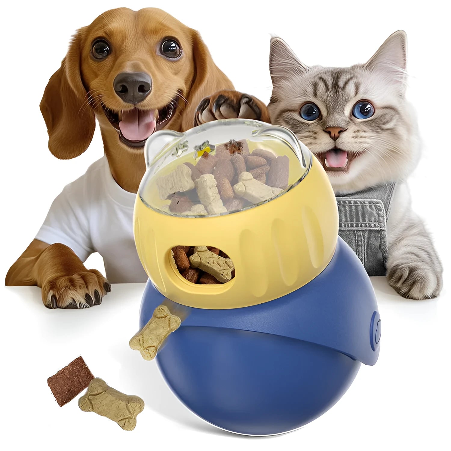Yellow and blue plastic owl-shaped tumbler puzzle feeder cat toy on a flat surface.