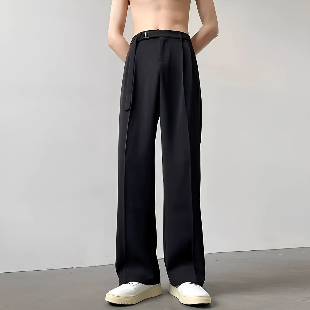 Straight leg wide trousers in black chemical fibre blend fabric with non-ironing finish