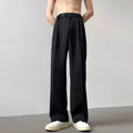 Straight leg wide trousers in black chemical fibre blend fabric with non-ironing finish