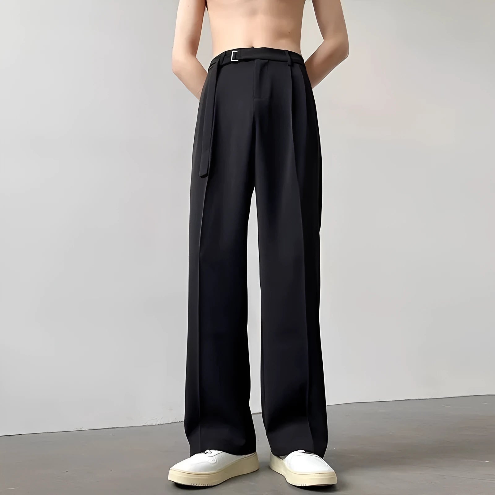 Straight leg wide trousers in black chemical fibre blend fabric with non-ironing finish