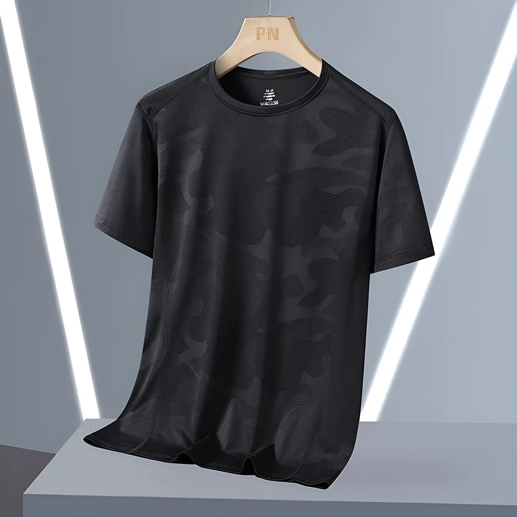 Men's plus size quick-dry nylon T-shirt in camouflage pattern with round neck and short sleeves