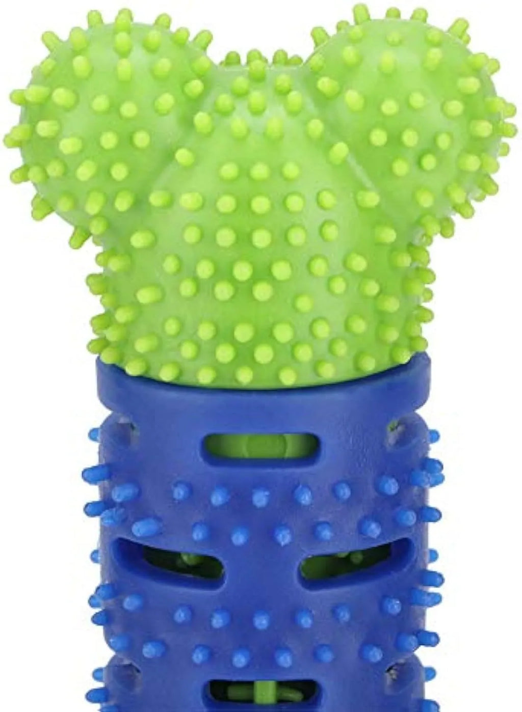 Blue green silicone dog toothbrush chew toy with brush head design measuring 25cm length