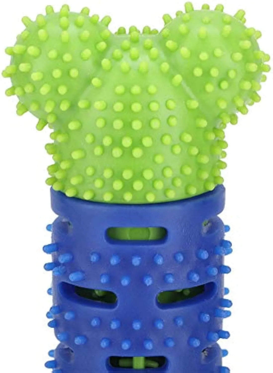 Blue green silicone dog toothbrush chew toy with brush head design measuring 25cm length