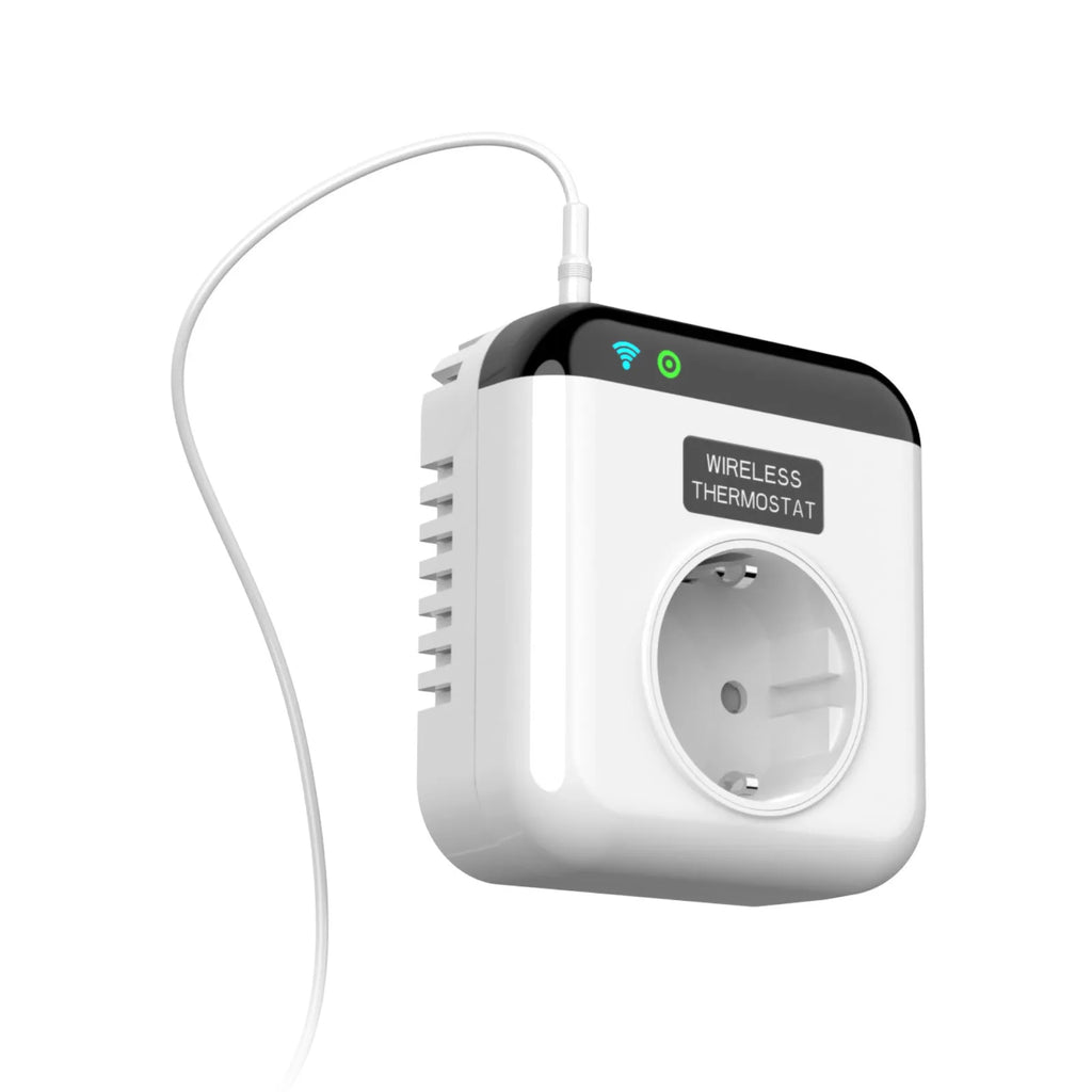 White European smart socket with remote control showing two power jacks and dimensions