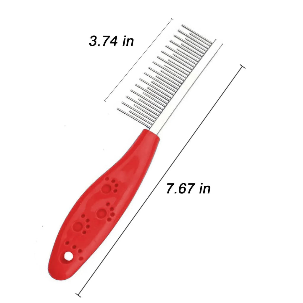 Red pet grooming comb with dual-length stainless steel teeth and an anti-slip plastic handle.