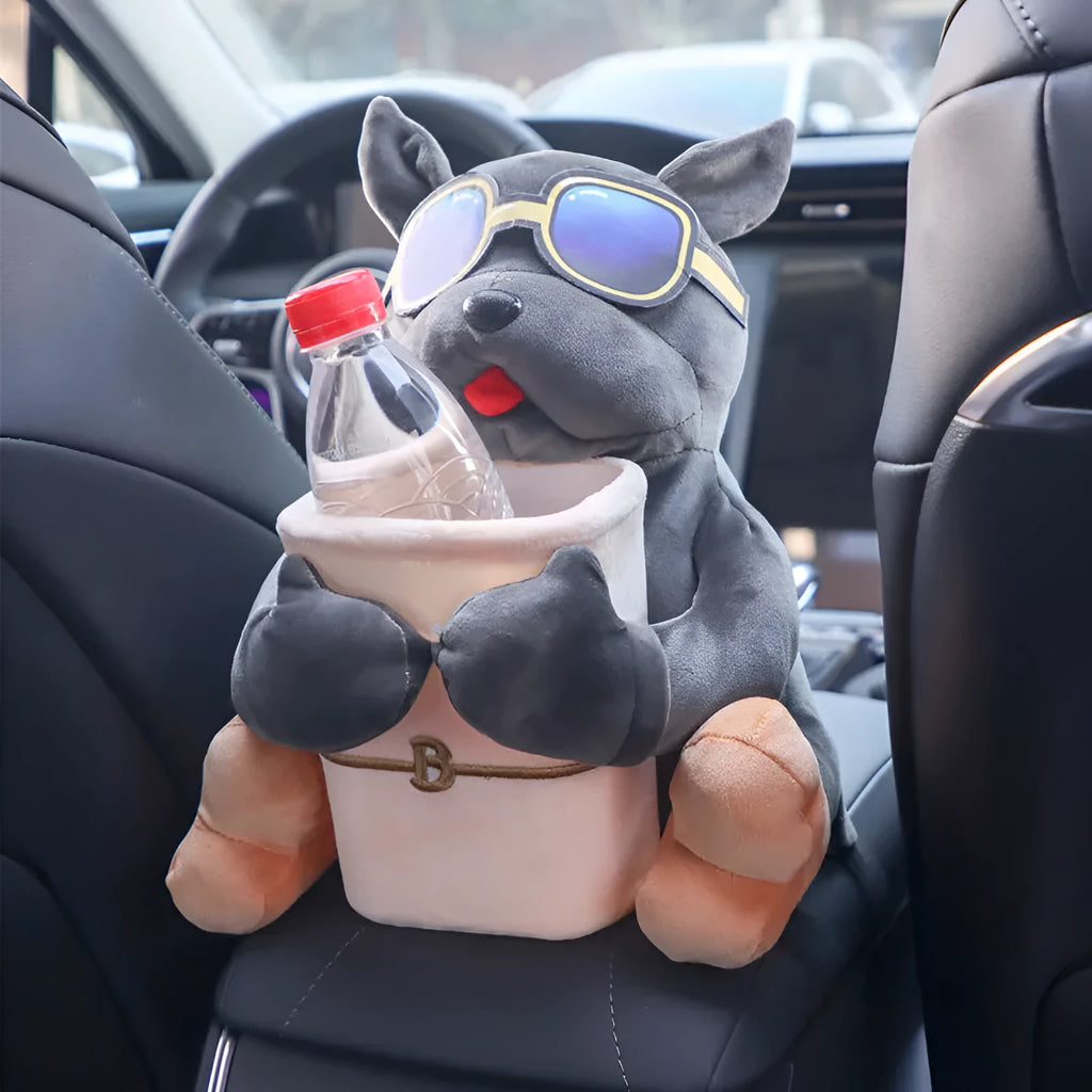 Plush fabric car tissue box for flip armrest showing Man Dog character design