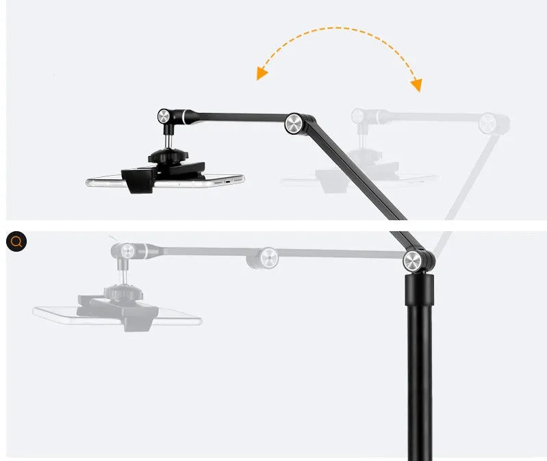 Black aluminium mobile phone tablet stand with fill light for floor-standing live broadcasts