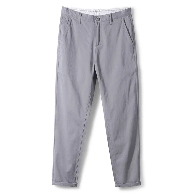 Men's cotton twill slim straight casual pants in black, high waist, zipper fly, solid colour