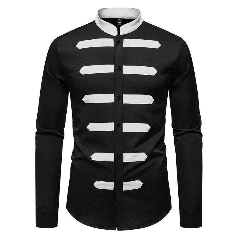 Men's black casual long sleeve shirt with black and white stitching on a slim-fit polyester cardigan