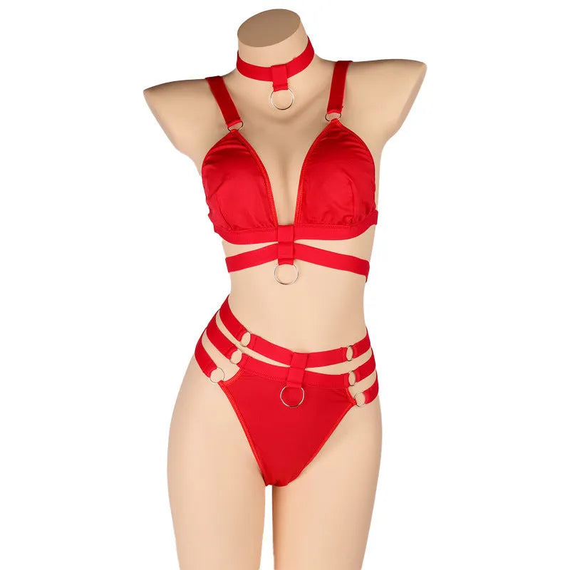 Women's bikini set in black blue and red free size polyester fabric with nylon lining for swimming
