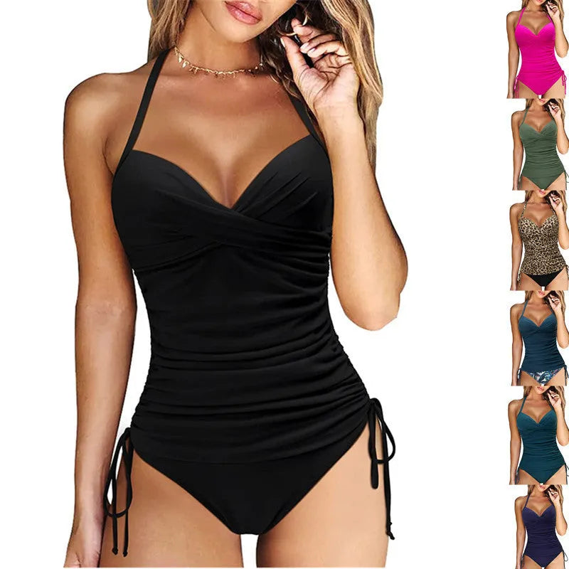 Women's black high-waisted backless bikini set for swimming on mannequin.