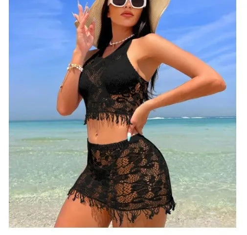Women's white two-piece swimsuit with tassel skirt beach cover-up