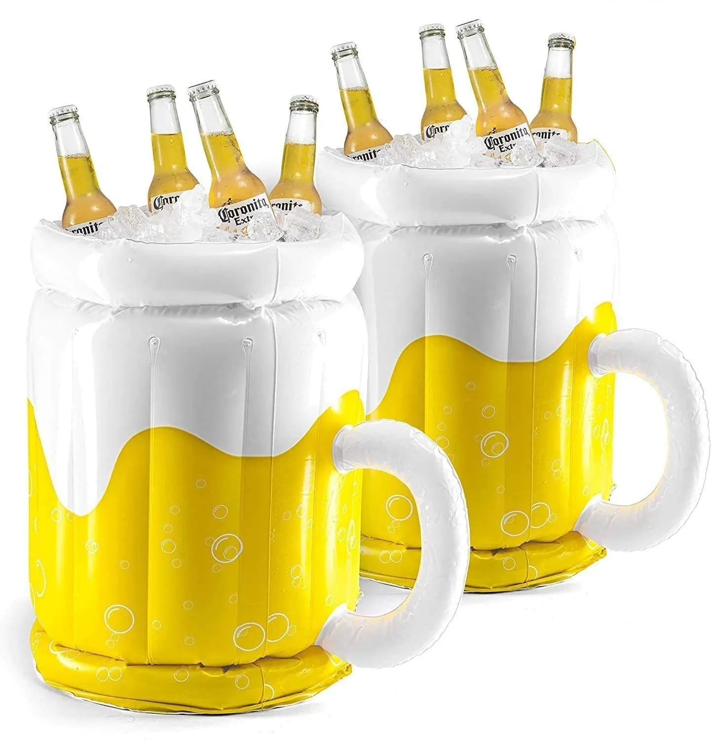 Large yellow inflatable beer mug shaped pool float drink cooler with ice compartment