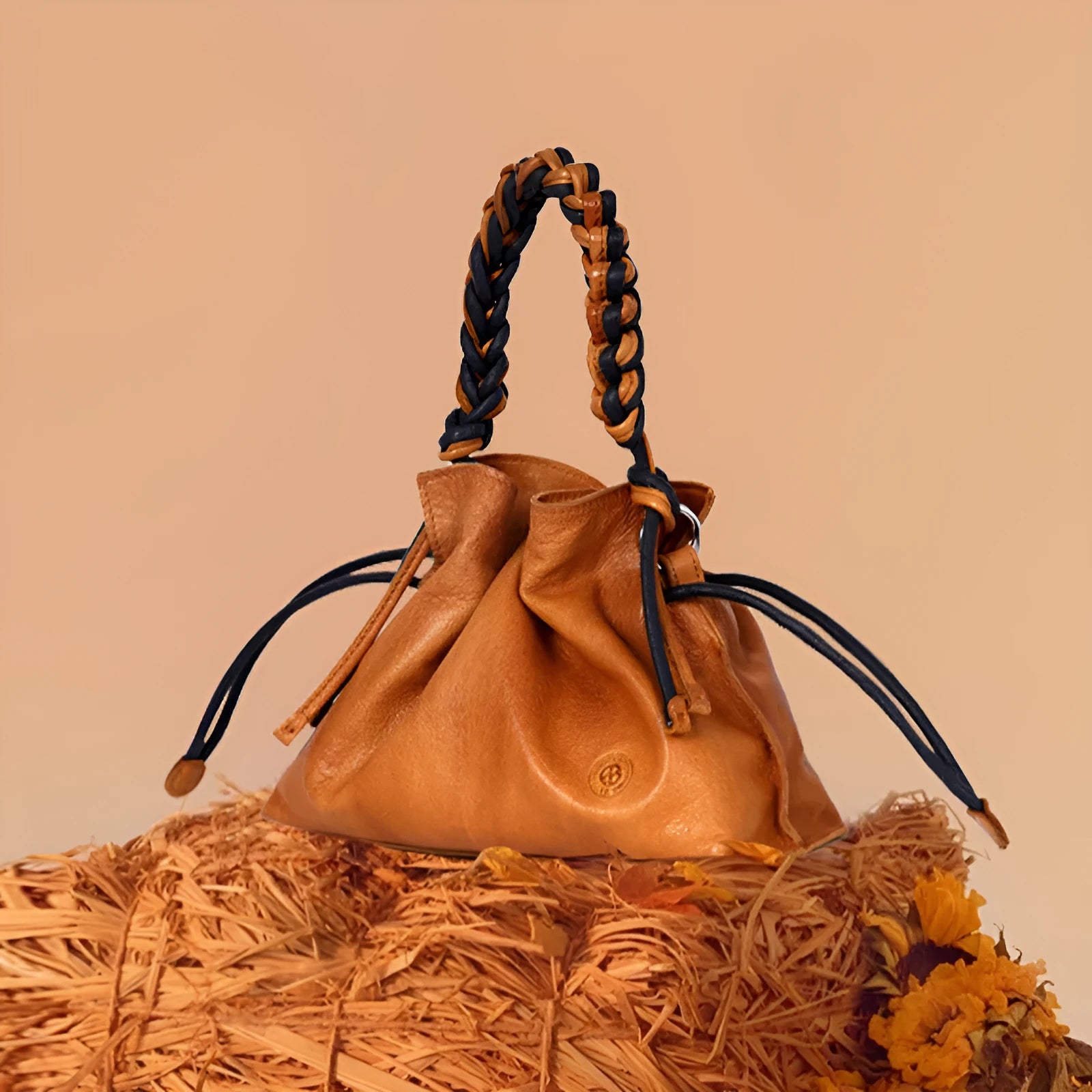 Cortex splicing woven women's casual crossbody bag in orange genuine top grain leather with zipper pocket