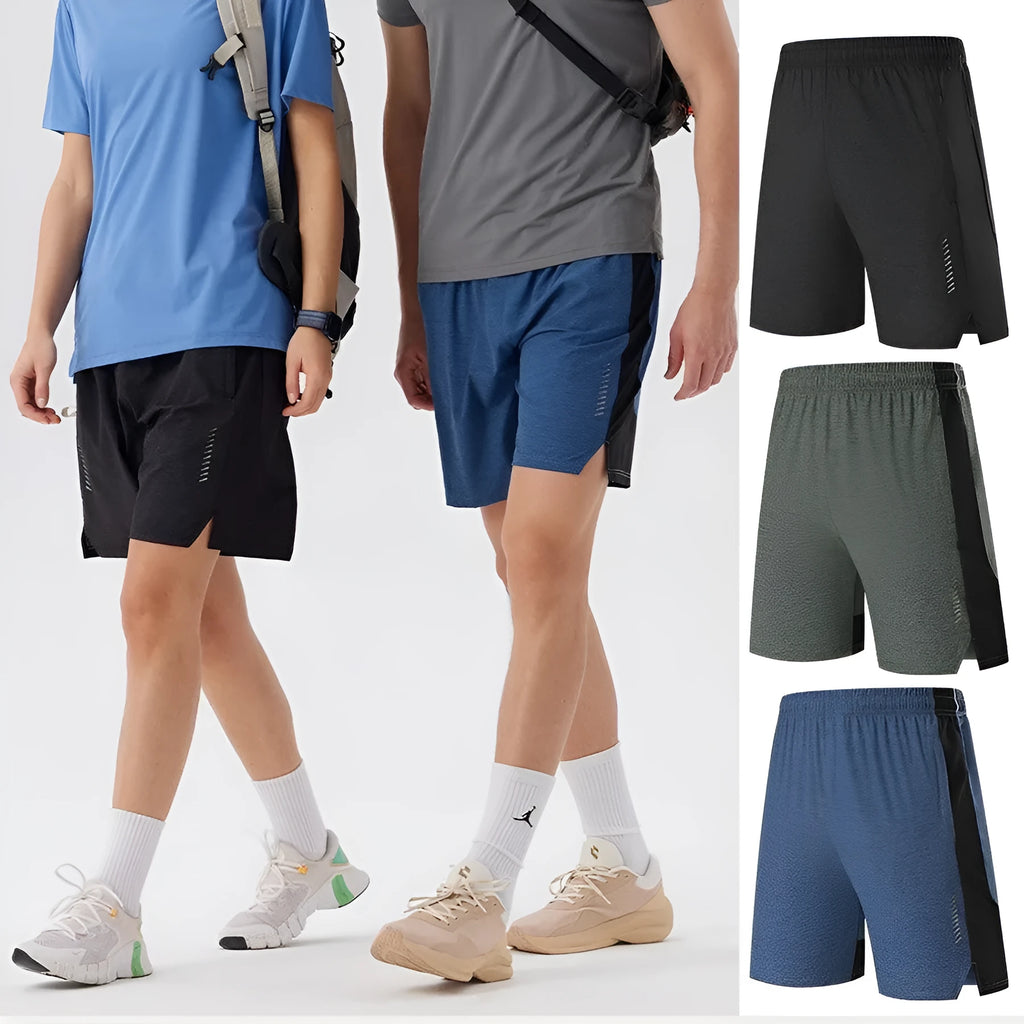 Men's forest green five-point spandex shorts laid flat, showing mid waist and short length.