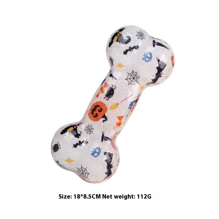 Bone-shaped dog squeaker toy in seasonal colours with TPR material construction
