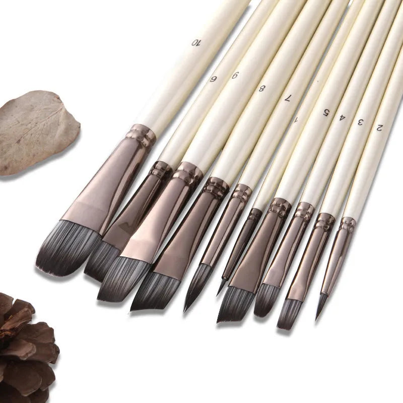 10 pearl white oil painting brushes with wooden handles and nylon bristles
