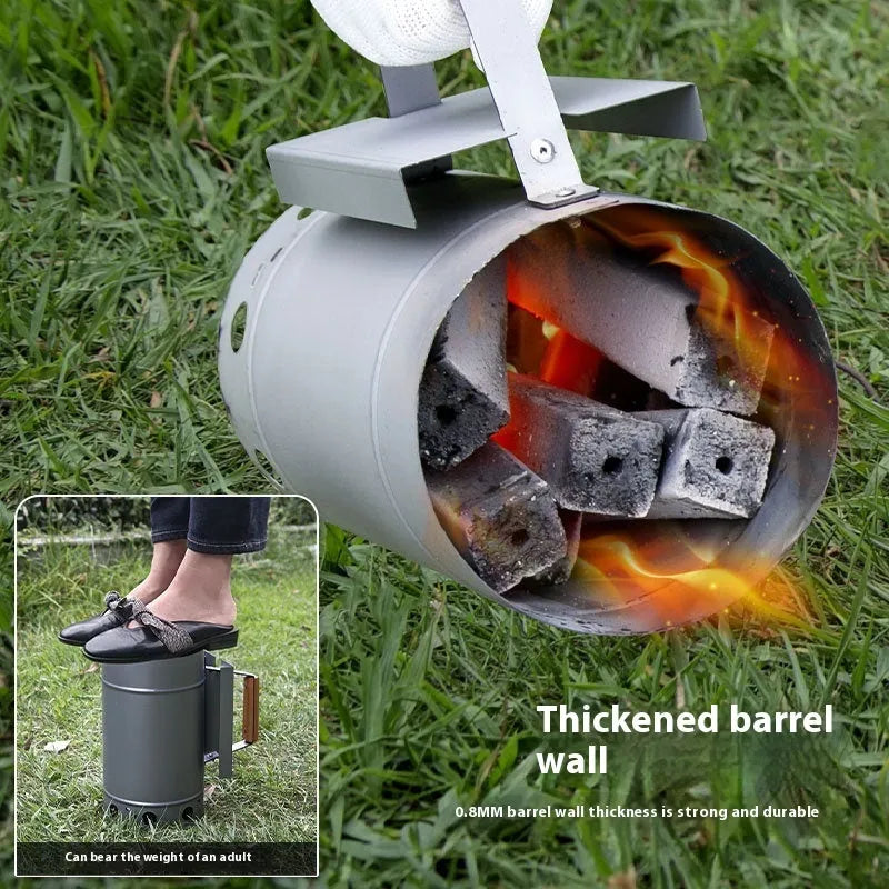 Zinc-iron alloy outdoor charcoal fire bin with point carbon barrel style and oven igniter.