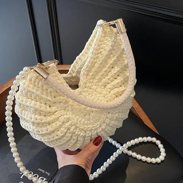 Handmade woven women's shoulder bag in retro style with cloth exterior and open pocket