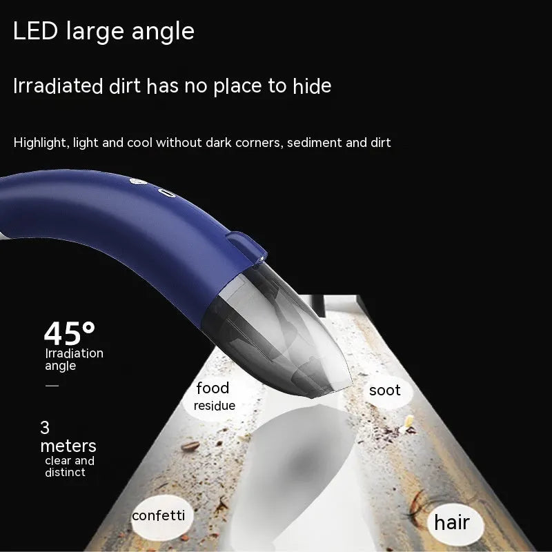 Wireless handheld car vacuum cleaner in black colour with USB charging cable.