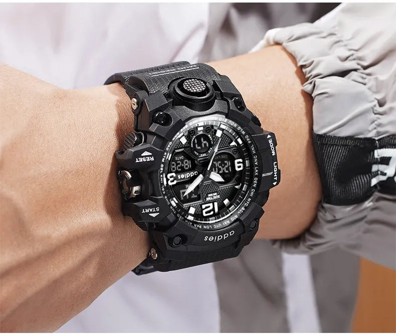 Men's electronic sports watch with dual analogue and digital display showing black plastic case and strap