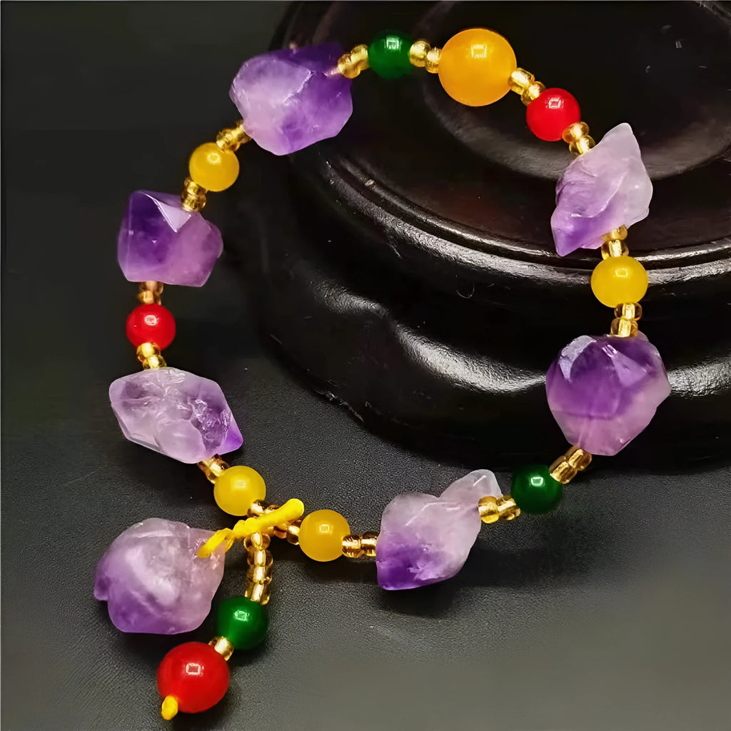 Women's natural amethyst bracelet featuring a Fu character bead and amethyst-shaped beads.