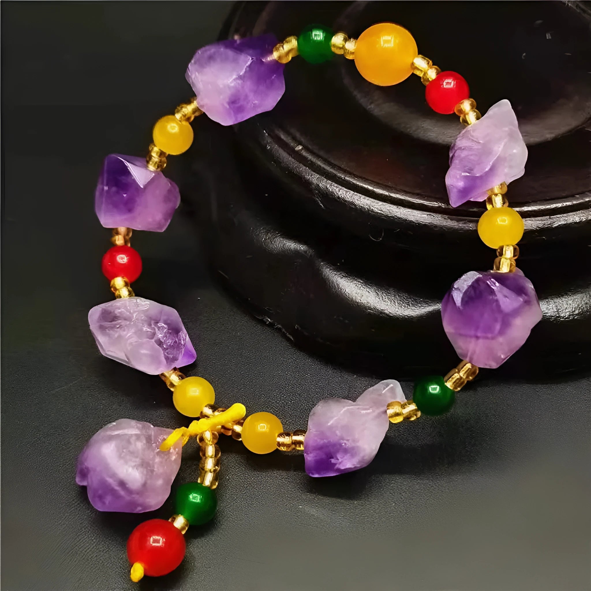 Women's natural amethyst bracelet featuring a Fu character bead and amethyst-shaped beads.