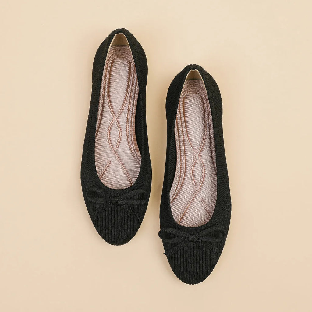 Women's round toe fabric flat pumps with bow decoration in butterfly black colour