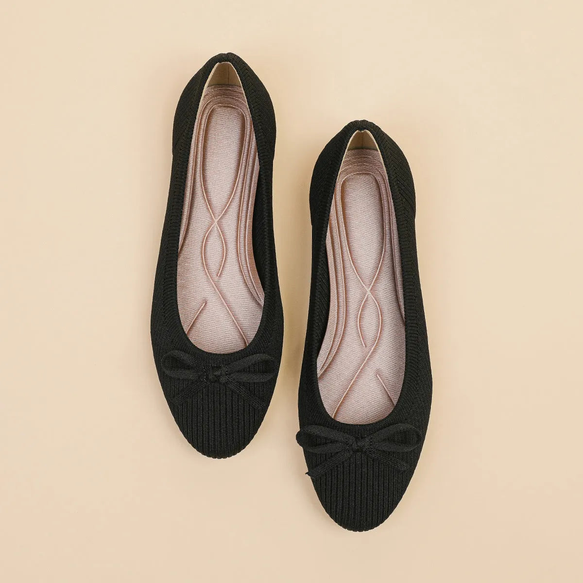 Women's round toe fabric flat pumps with bow decoration in butterfly black colour