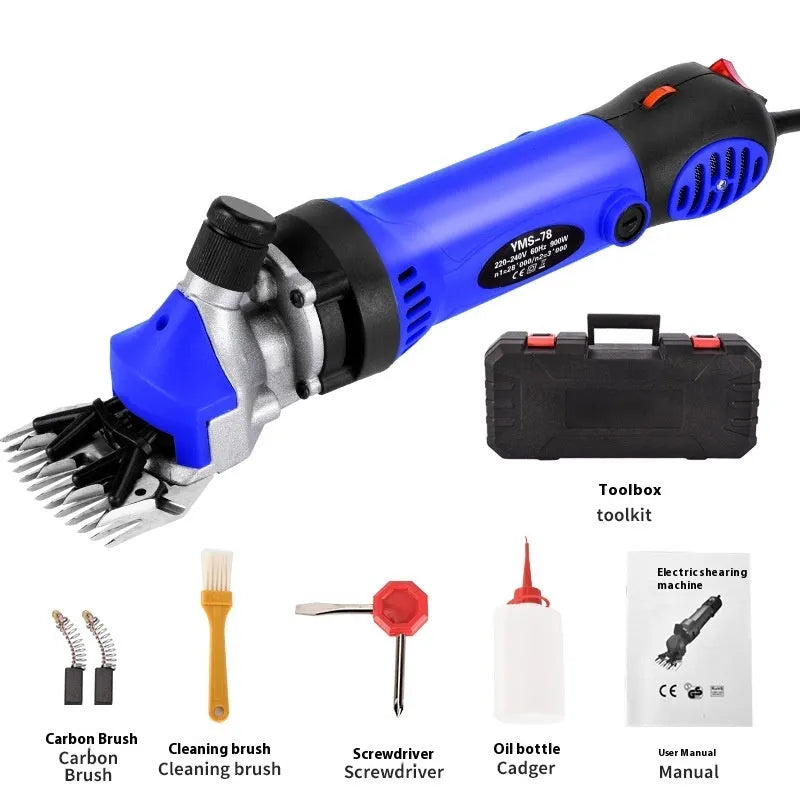 Yellow electric wool shears with 110V plug and multiple steel blades including 13-tooth straight knife