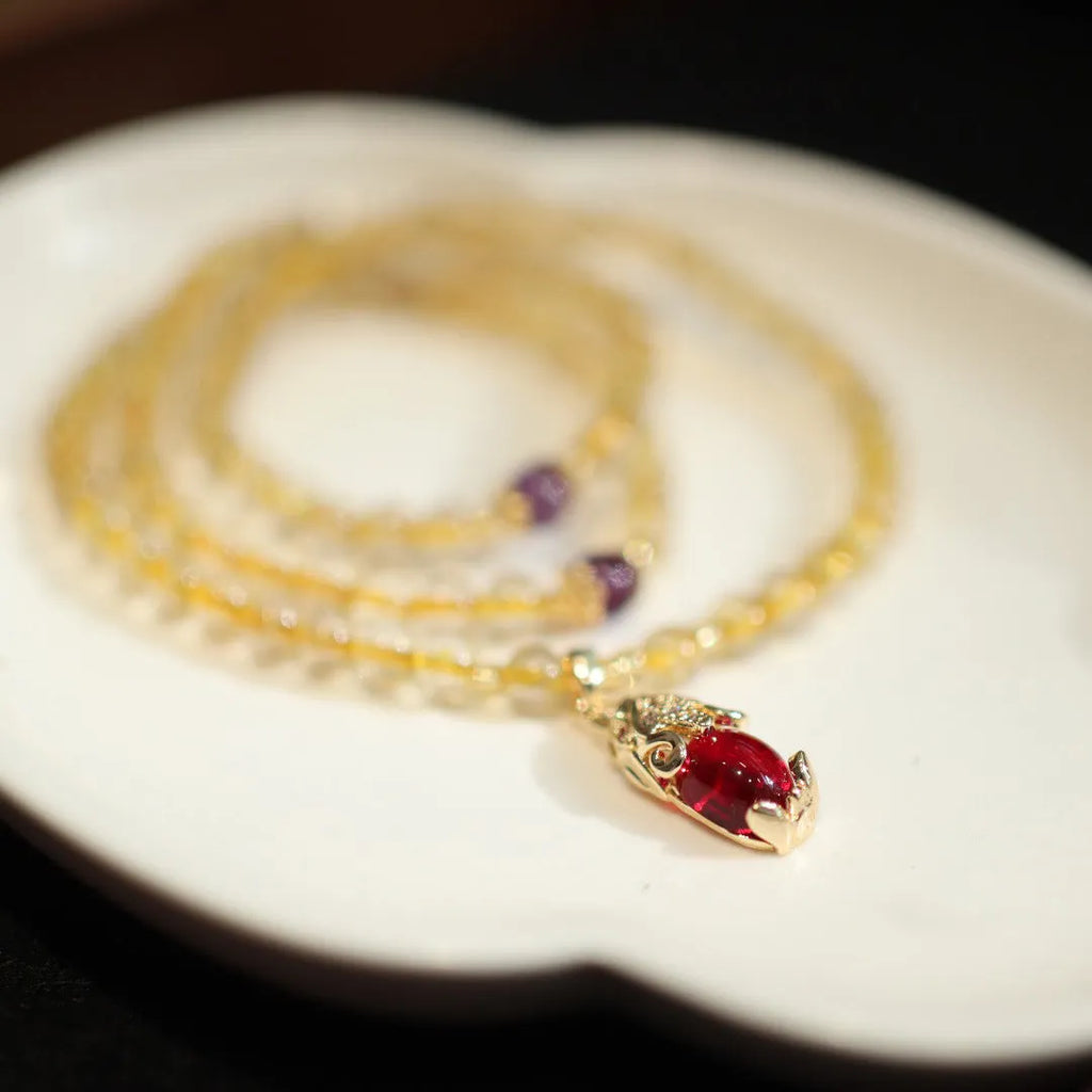 Natural Brazilian gold rutilated quartz bracelet with three circles and hanging chopsticks in Chinese style