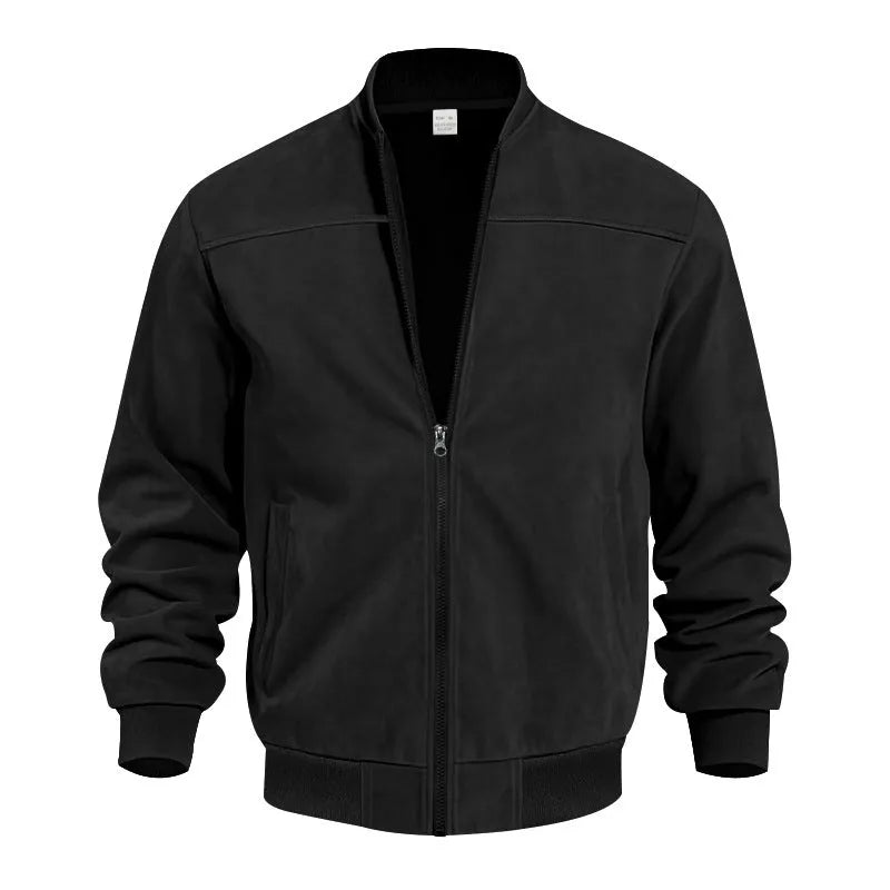 Men's army green suede casual jacket with a front zipper, shown on a model.