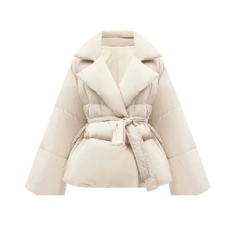 Waist-controlled lace-up lapel long sleeve jacket in black and white, polyester drawstring style