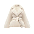 Waist-controlled lace-up lapel long sleeve jacket in black and white, polyester drawstring style